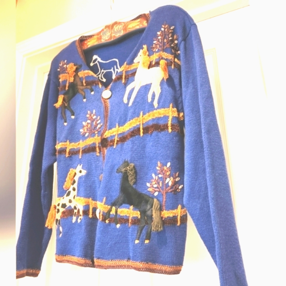 80s VICTORIA HARBOUR Kitsch Horses Country Western Ranch Knit Cardigan Jumper EV - Picture 5 of 16